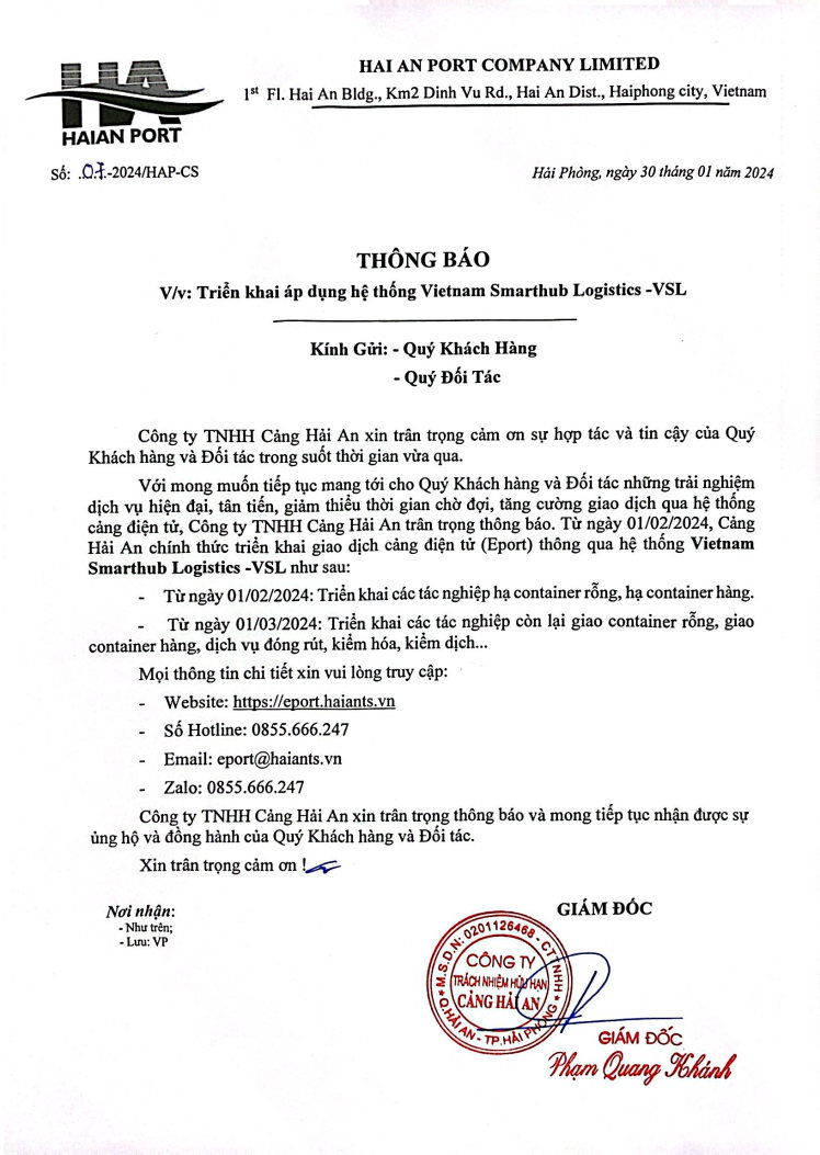 Thông báo triển khai Eport + From mẫu đăng ký mở tờ khai và tài liệu hướng dẫn sử dụng dịch vụ